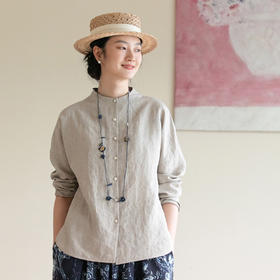 牧衣游原创 进口雨露麻原色衬衫新款简约轻薄百搭圆领上衣 雨花斋