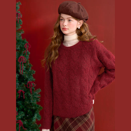 西遇红色麻花套头毛衣女冬季新款穿搭蕾丝假两件针织衫D0044201 商品图2