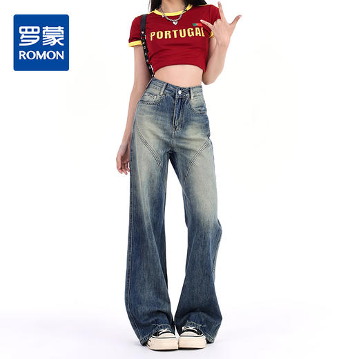 罗蒙女士四季牛仔裤复古百搭高腰宽松显瘦阔腿裤休闲通勤女直筒长裤 商品图0