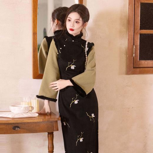 中国风麂皮绒拼接毛呢长款旗袍少女日常CM582 商品图2