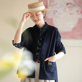 牧衣游原创 酵洗棉质刺绣短外套女蓝色复古文艺新中式上衣 茶落香