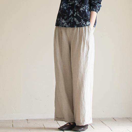 牧衣游原创 进口雨露麻原色阔腿裤女新款宽松显瘦休闲裤 简静风 商品图0