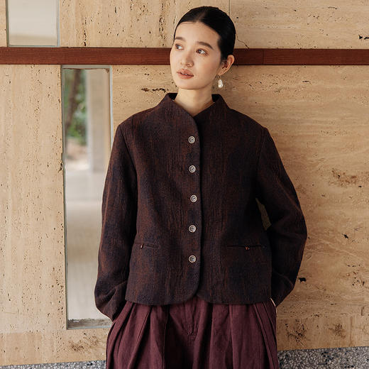 绽放旅行女装819朵/云感羊毛棉开衫上衣新中式提花立领短毛呢外套 商品图0