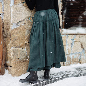 绽放835朵/蛋糕裙亚麻色织条纹松紧腰立体木耳边双层落差半身长裙