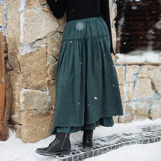 绽放835朵/蛋糕裙亚麻色织条纹松紧腰立体木耳边双层落差半身长裙 商品图0