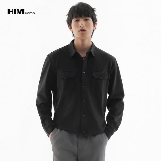 HIM漢崇 潮流宽松休闲翻领简约工装口袋黑色长袖衬衫 2025秋季 商品图0