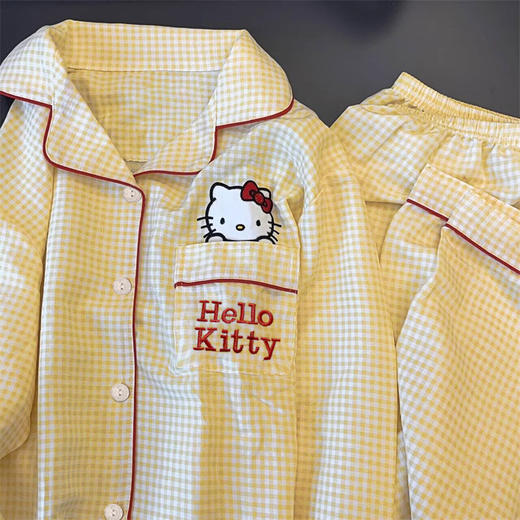 【时尚黄格子，少女心爆棚】春秋季新款黄色格子 少女凯蒂猫印花睡衣 时尚舒适长袖长裤-QQ 商品图3