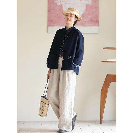 牧衣游原创 酵洗棉质刺绣短外套女蓝色复古文艺新中式上衣 茶落香 商品图2