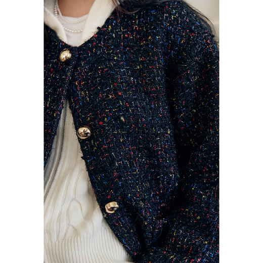 HeyDress花纱小香风外套女冬季圆领宽松显瘦粗花呢厚款黑色上衣 商品图1