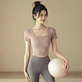 【147元任选3件】跃牌【蚂蚁运动】系列 固定杯运动T恤女弹力紧身显瘦短款瑜伽上衣T2743（活动产品，收货7天内支持退换）