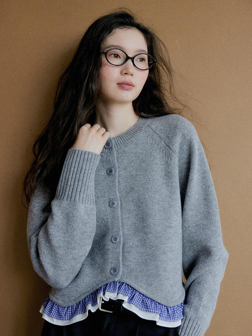 Even Vintage| 100％羊毛 不规则木耳边下摆设计针织开衫女秋冬新 商品图3