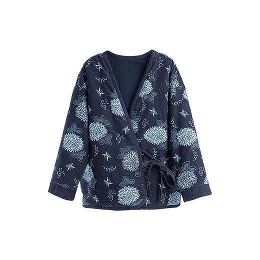 绽放850朵/轻古典中式风细条灯芯绒全棉印花v领夹棉短外套棉袄 商品图3