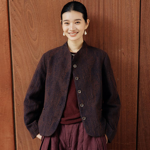 绽放旅行女装819朵/云感羊毛棉开衫上衣新中式提花立领短毛呢外套 商品图2