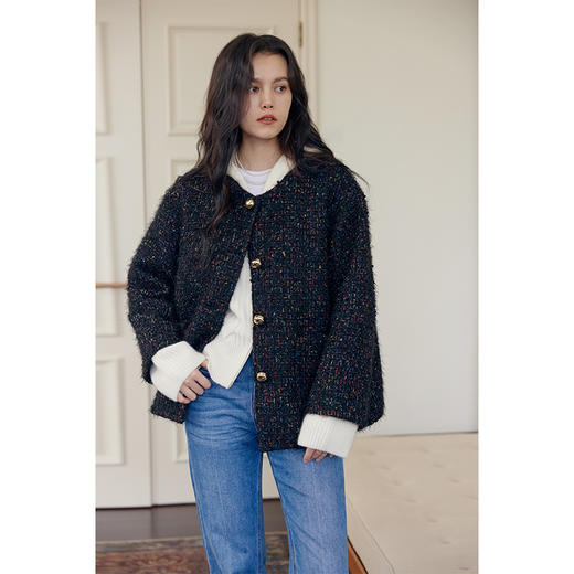 HeyDress花纱小香风外套女冬季圆领宽松显瘦粗花呢厚款黑色上衣 商品图0