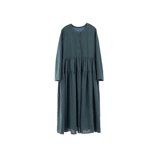 绽放旅行女装828朵/冬季色织亚麻竖条半开门襟抽褶双层长袖连衣裙 商品图4