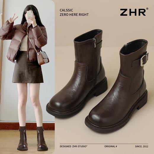 ZHR则则洋气百搭瘦瘦靴加绒马丁靴2024新款厚底短靴西部搭扣女靴 商品图0