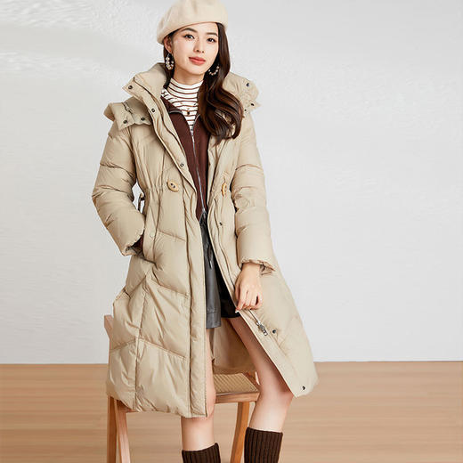 【高货kbnq】全新升级【铂金会员928/天猫1259/差价331】(14228) 洛诗琳2024冬季新款时尚收腰过膝加厚连帽长款羽绒服 商品图1