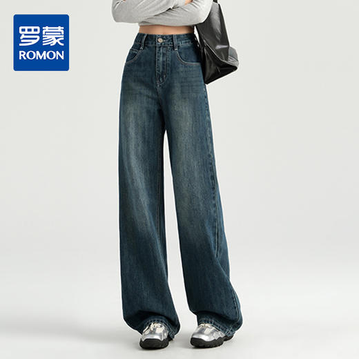 罗蒙四季女士牛仔裤百搭宽松阔腿裤休闲舒适通勤显瘦直筒裤子女 商品图0