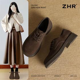 ZHR新中式加绒单鞋2024新款冬季保暖短筒女鞋时尚平跟ins乐福鞋女