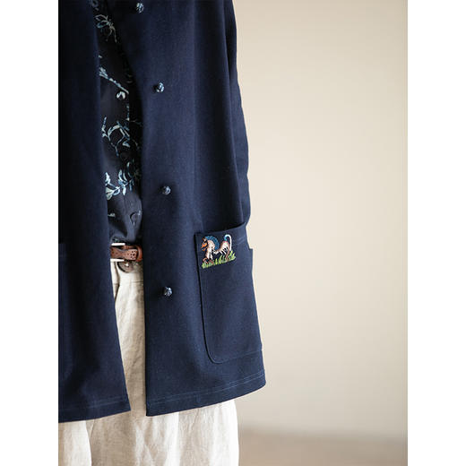 牧衣游原创 酵洗棉质刺绣短外套女蓝色复古文艺新中式上衣 茶落香 商品图3