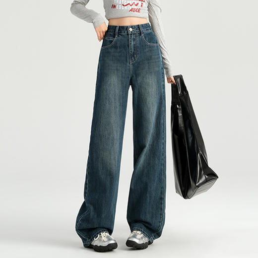 罗蒙四季女士牛仔裤百搭宽松阔腿裤休闲舒适通勤显瘦直筒裤子女 商品图1