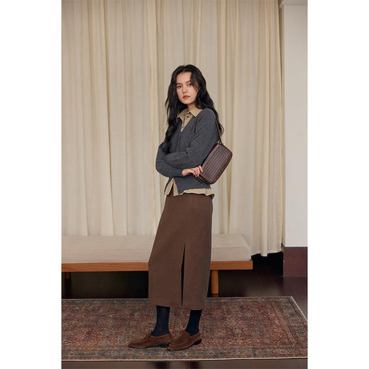 HeyDress复古棕色半身裙女冬季直筒开叉不规则半裙气质中长款裙子 商品图1