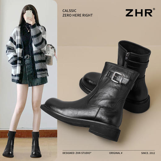ZHR则则洋气百搭瘦瘦靴加绒马丁靴2024新款厚底短靴西部搭扣女靴 商品图1