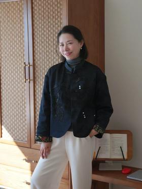 设计师高品钉珠国风小羊皮进口醋酸提花白鸭绒外套