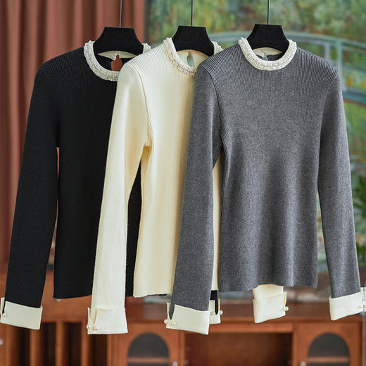 【高货wl】全新升级【铂金会员183/天猫239/差价56】(10607) 洛诗琳秋冬新款高级感轻奢珍珠领优雅修身羊毛针织衫女 商品图0