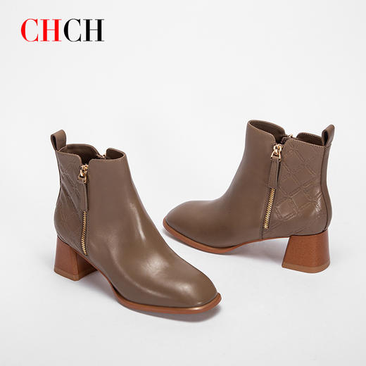 CHCH平衡鞋秋冬新款粗跟方头牛皮时尚女靴CM2B6111 商品图2