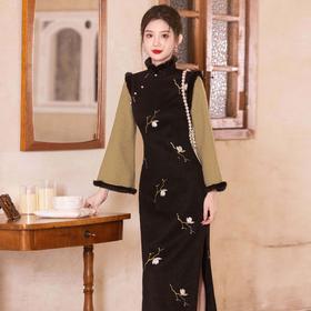 中国风麂皮绒拼接毛呢长款旗袍少女日常CM582