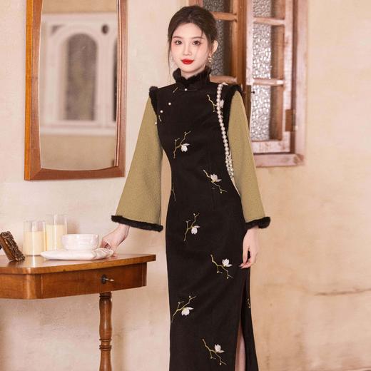 中国风麂皮绒拼接毛呢长款旗袍少女日常CM582 商品图0