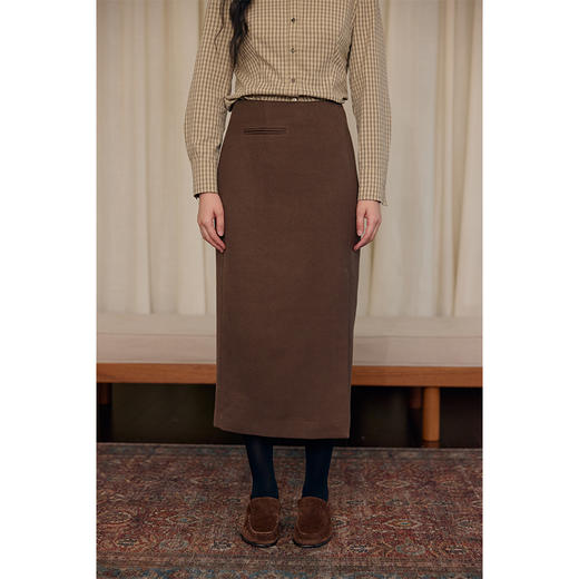 HeyDress复古棕色半身裙女冬季直筒开叉不规则半裙气质中长款裙子 商品图0