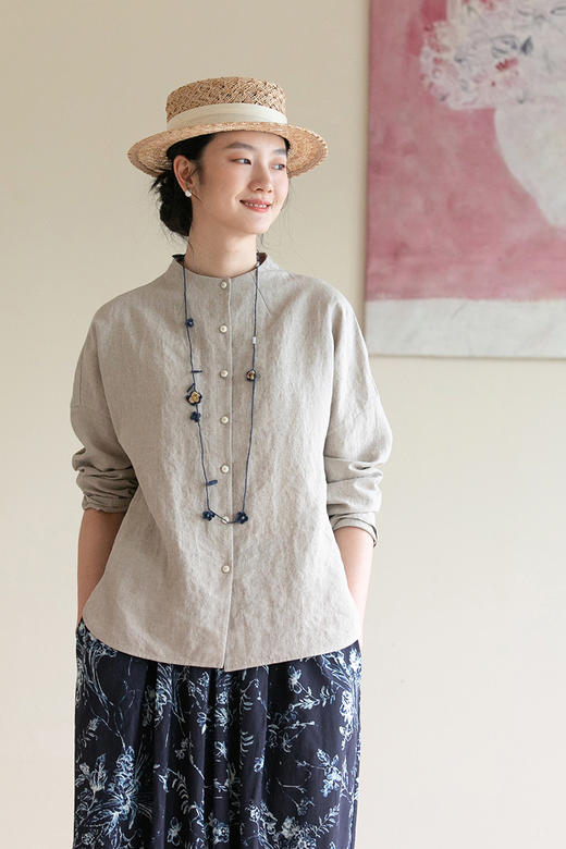 牧衣游原创 进口雨露麻原色衬衫新款简约轻薄百搭圆领上衣 雨花斋 商品图5