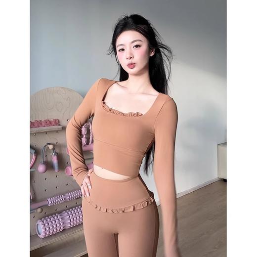跃牌【禅语梵心】秋冬裸感花边瑜伽服长袖半固定杯跑步修身运动文胸透气健身服上衣CX5027 商品图4