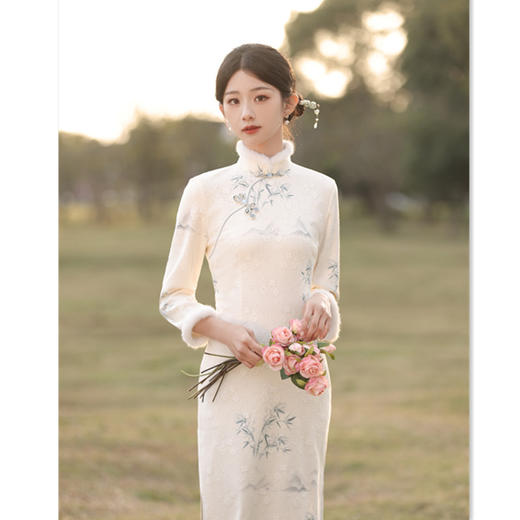 素雅时尚年轻款加绒旗袍，七分袖日常中式旗袍SYK179113 商品图1