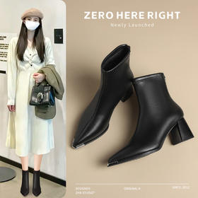 ZHR粗跟短靴2024新款加绒保暖皮靴切尔西女靴法式小短靴ins瘦瘦靴