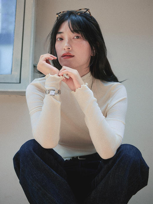 Even Vintage|天丝羊毛混纺 木耳边堆堆领修身微透高领针织打底衫 商品图1