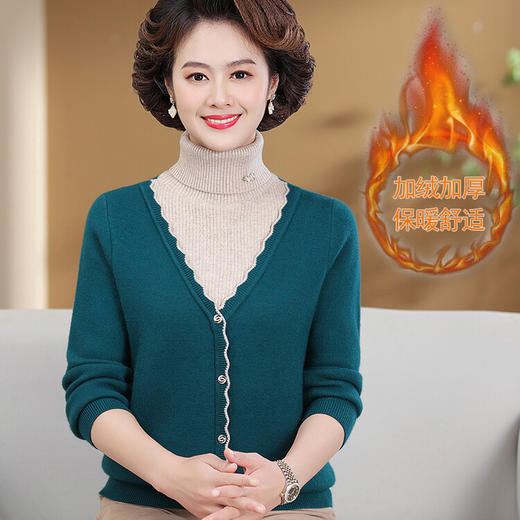 QY2385加绒加厚中老年妈妈装毛衣女减龄拼接 商品图1