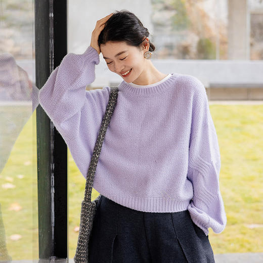 绽放874朵/chao重磅桑蚕丝山羊绒毛衣立体绞花灯笼袖套头毛针织衫 商品图1