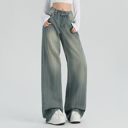 罗蒙女士四季款牛仔裤时尚条纹百搭宽松阔腿裤高腰显瘦直筒牛仔长裤 商品图3