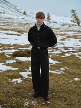 Evistub/E-4DCS961/重磅黑色磨毛丹宁复古水洗宽松牛仔衬衫