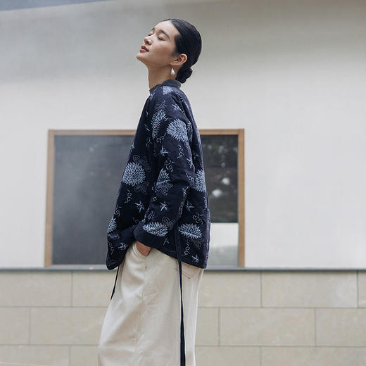 绽放850朵/轻古典中式风细条灯芯绒全棉印花v领夹棉短外套棉袄 商品图1