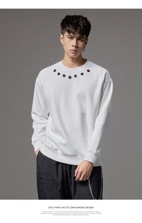 PINLI品立2024秋季新款宽松休闲套头卫衣男潮牌钻花装饰圆领上衣BG243109024