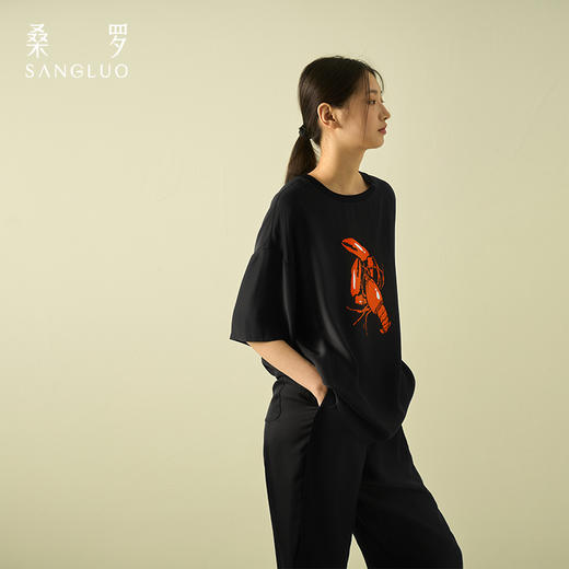 “有钱”桑罗真丝T恤无性别男女同款黑色短袖情侣款半袖上衣打底衫 商品图3