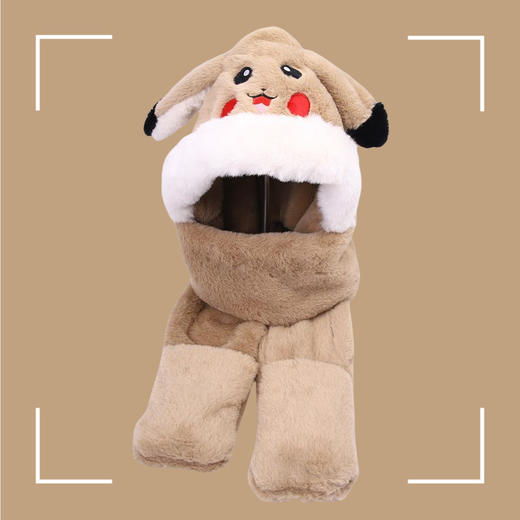 【耳朵会动，保暖冬季帽子】皮卡丘可爱帽子围巾一体 秋冬女耳朵会动连帽围脖 保暖三件套亲子款-QQ 商品图6