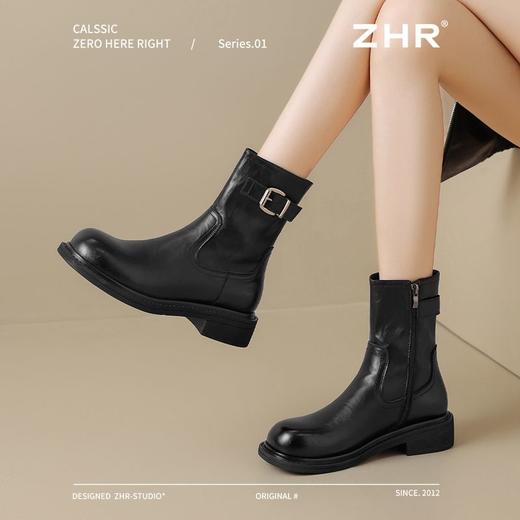 ZHR则则洋气百搭瘦瘦靴加绒马丁靴2024新款厚底短靴西部搭扣女靴 商品图3