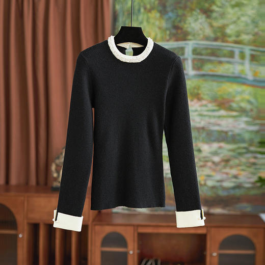 【高货wl】全新升级【铂金会员183/天猫239/差价56】(10607) 洛诗琳秋冬新款高级感轻奢珍珠领优雅修身羊毛针织衫女 商品图3