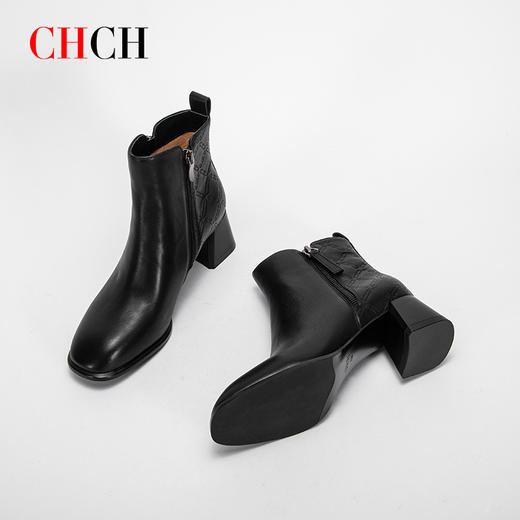 CHCH平衡鞋秋冬新款粗跟方头牛皮时尚女靴CM2B6111 商品图1