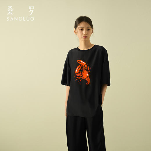 “有钱”桑罗真丝T恤无性别男女同款黑色短袖情侣款半袖上衣打底衫 商品图2